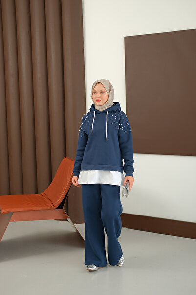 LOCCO Women's Shoulder Beading Detail Two-Piece Set Navy Blue