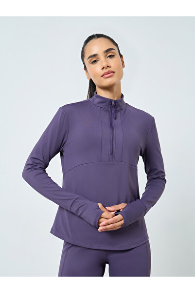 Styli Half Zip Up Multi Panel Seam Long Sleeve Top and Reflector Stripe Calf Mesh 7/8 Leggings Set