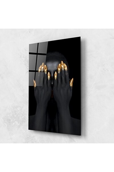 Arthub Tablou Sticla,Dormitor si Living, Black And Gold, Gold Fingertips Chain