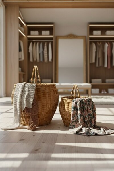 Bayev Favorite 9127 Set of 2 Rattan Handle Decorative Baskets - Wicker Cobalt Warm Organizer Decor Laundry Basket