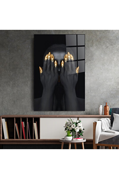 Arthub Tablou Sticla,Dormitor si Living, Black And Gold, Gold Fingertips Chain