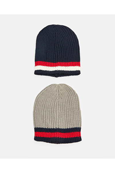 REDTAG مجموعة قبعات محبوكة باللونين الأزرق الداكن والرمادي للرجال (عبوة من قطعتين)