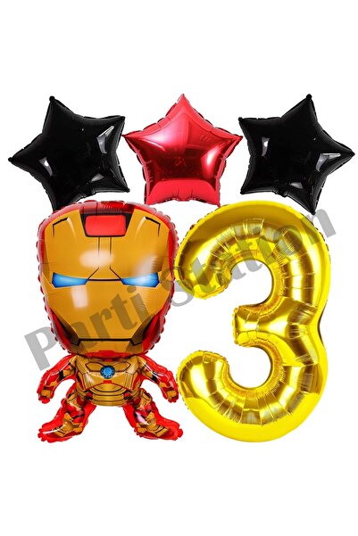 Parti Station Avengers Iron Man Concept 3 Years Old Gold Number Balloon Set Iron Man Concept Birthday Balloon Set