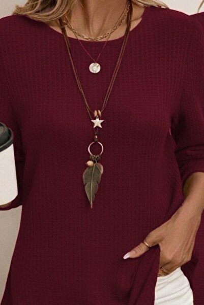 Mossta Buttoned Back Crew Neck Waffle Blouse - Burgundy