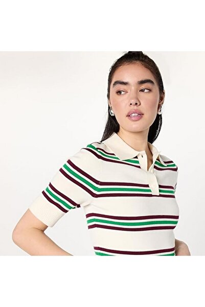 The Drop Gero women's short-sleeved, split-collar knitted polo shirt, cream with stripes, size L,