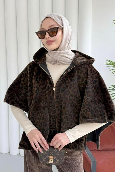 Modaensarbutik Kapşonlu Ön Fermuarlı Yarasa Kol Leopar Desen Panço-LEOPAR
