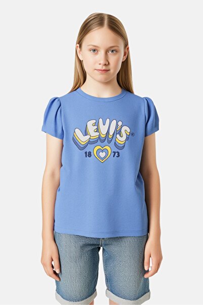 Levi's Kids Girl 2 Pieces Graphic Print Short Sleeve Top and Scrunchie Set, Blue