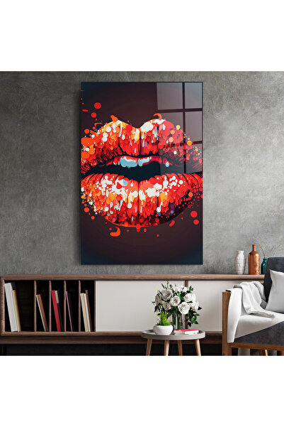 Arthub Glass Painting, Bedroom and Living Room, Lips, Red Lips With Word Lips It