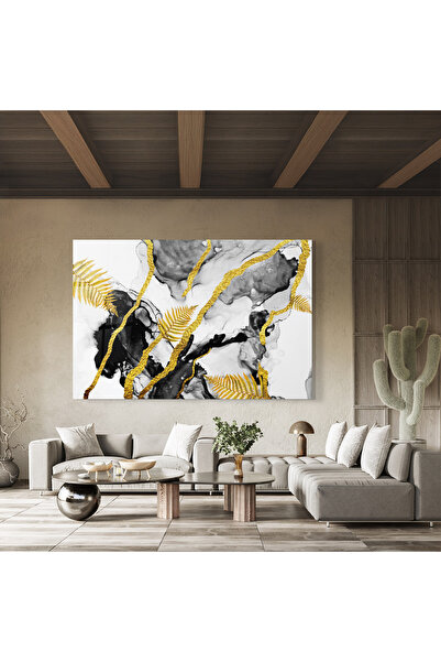 Arthub Glass Painting, Bedroom and Living Room, Leaves, Abstract Golden Leaves