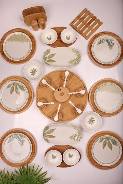 Atbyhome Dawn 6 Kişilik 42 Parça Doğal Bambu Porselen Kahvaltı Takımı – Kahva...