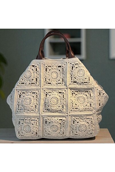 B BUL AKSESUAR Renkli Büyük Anne Kare Motifli Bohem Haftasonu Çantası 57x36 cm