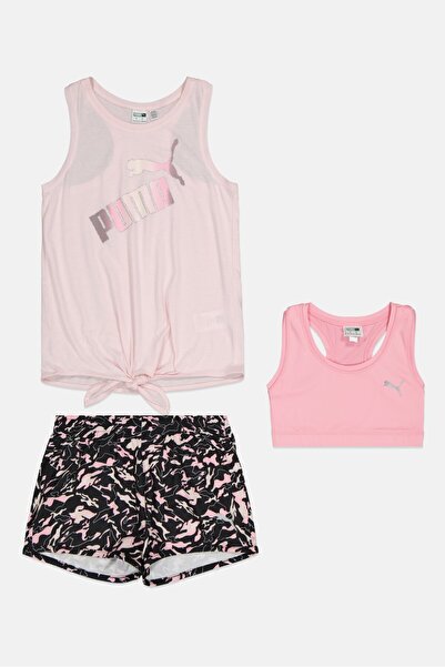 Puma Kids Girl 3 Pieces Sleeveless Tank Top With Sports Bra And Shorts Set, Multticolor