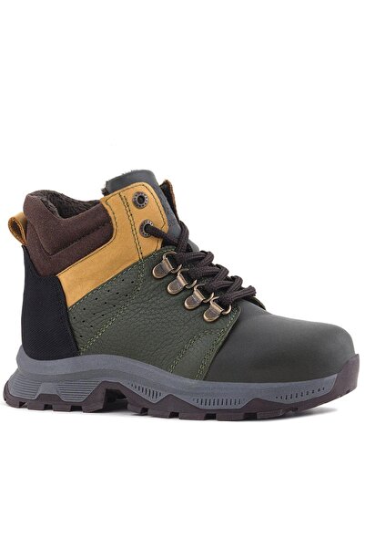 Rakerplus Genuine Leather Khaki Green Yellow Zippered Trekking Children's Boots