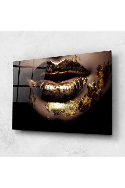 Arthub Tablou Sticla,Dormitor si Living, Lips, Open Golden Lips