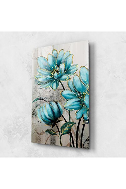 Arthub Tablou Sticla,Dormitor si Living, Flori Desenate, Bujori Albastri