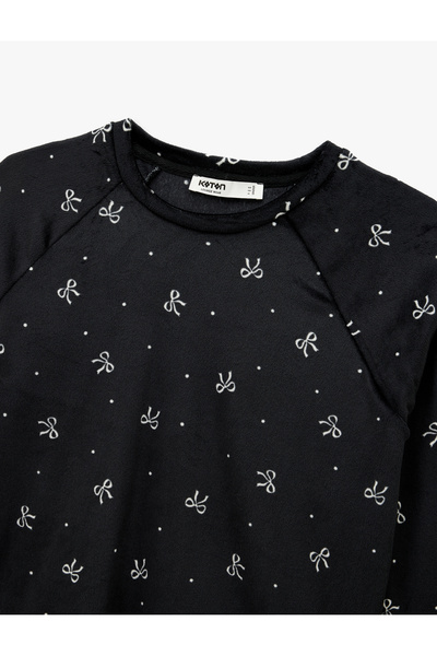 Koton Uzun Kollu Bisiklet Yaka Fiyonk Desenli Kadife Pijama Üstü