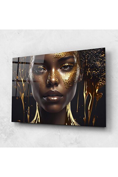 Arthub Tablou Sticla,Dormitor si Living, Black And Gold, Gold Portrait Falling