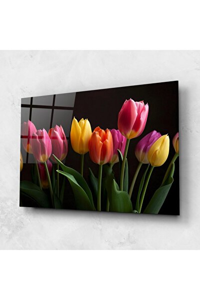 Arthub Tablou Sticla,Dormitor si Living, Lalele, Purple Yellow Tulips