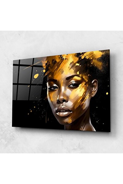 Arthub Tablou Sticla,Dormitor si Living, Black And Gold, African Gold Woman