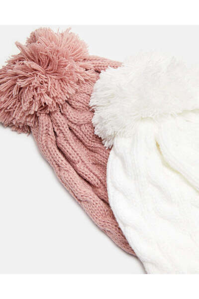 REDTAG Women White And Pink Embellished Knitted Cap Set Of 2