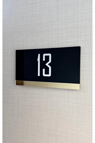 Yönline Gold Striped Black Glossy Plexiglass Door Number 13X7 cm Self Adhesive
