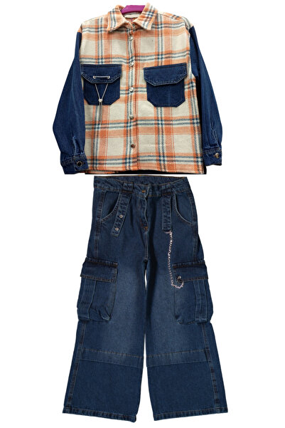 İrem Çocuk Giyim Girls' Orange Color Checkered Lumberjack Shirt and Wide Leg ...