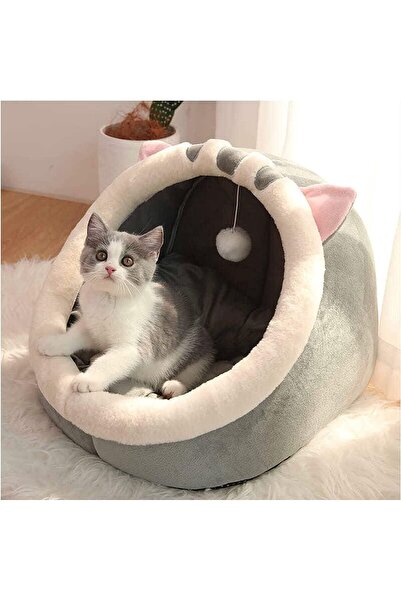 SKY TOUCH SKY-TOUCH Indoor Semi-enclosed Cat Igloo Bed with Fluffy Hanging Ball, 48x45x40 cm
