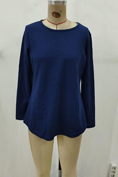 Mossta Crew Neck Waffle Blouse with Back Buttons - Navy Blue