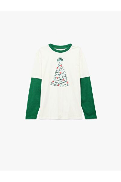 Koton Christmas Tree Printed Long Sleeve Crew Neck T-Shirt
