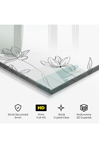 Arthub Tablou Sticla,Dormitor si Living, Flori Desenate, Black Blue Line