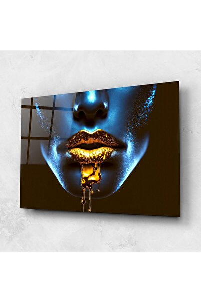 Arthub Glass Painting, Bedroom and Living Room, Black And Gold, Blue Gold Lips