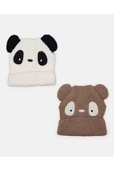 REDTAG مجموعة قبعات محبوكة باللونين الأبيض والبني للأولاد (قطعتين)