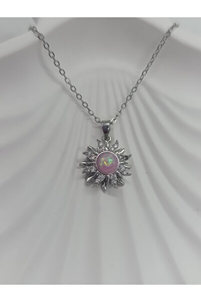 Sadesta Stres Çarklı Dönen Güneş Firgürlü Pembe Zirkon Taşlı Çelik Kolye Gümüş Renk