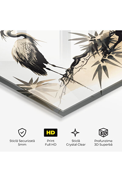 Arthub Glass Painting, Bedroom and Living Room, Asian, Black Cream Bird Art