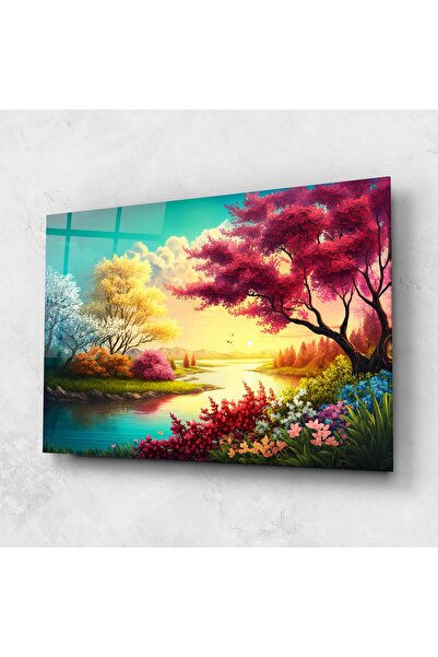 Arthub Tablou Sticla,Dormitor si Living, Primavara, Pink Yellow Trees