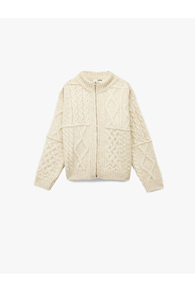 Koton Hair Braid Textured Long Sleeve Zippered Knitwear Cardigan