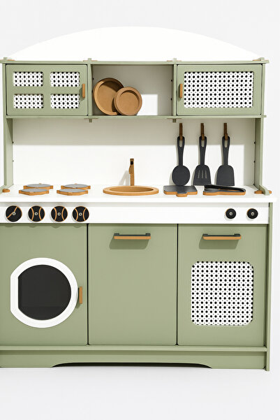 HOBBY HOUSE Ihlamur Siyah Aksesuarlı Çocuk Ahşap Mutfak Seti Led Hediyeli