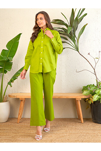 Uptownie By Styli Green Drop Hem Shirt and Trousers Co-ords