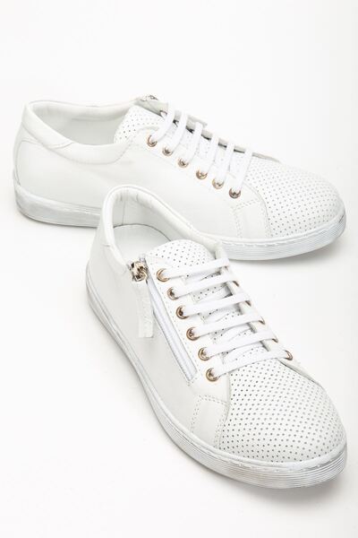 Hayalimdeki Ayakkabı Women's White Genuine Leather Perforated Sports Shoes