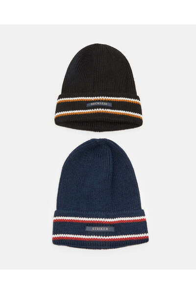 REDTAG Men Black And Navy Knitted Cap Set (Pack Of 2)