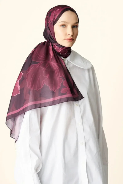 Madame Polo Amora Desenli Pamuk Dokulu Şal - Mürdüm