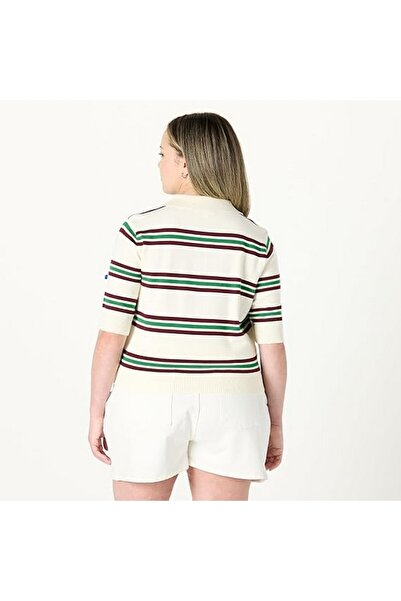 The Drop Women's Gero short-sleeved polo shirt with split collar, cream with stripes, size 2XL,