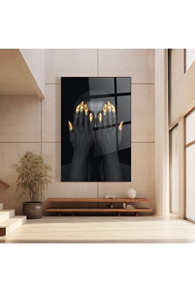 Arthub Tablou Sticla,Dormitor si Living, Black And Gold, Gold Fingertips Chain