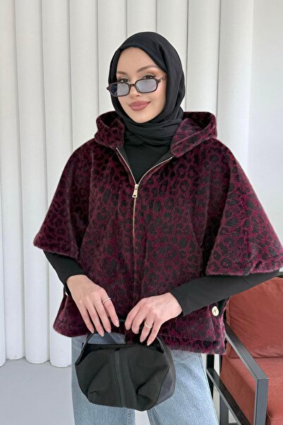 Modaensarbutik Kapşonlu Ön Fermuarlı Yarasa Kol Leopar Desen Panço-BORDO