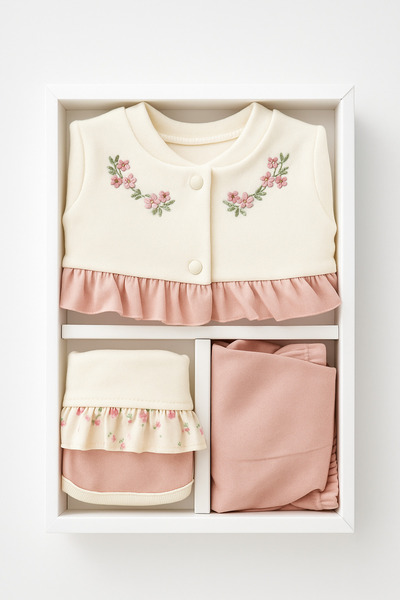 VERONA TARZ طقم خروج من المستشفى مكون من 5 قطع مطرزة بالزهور للفتيات الصغيرات، قطن فاخر، 0-3 أشهر، 50-56 سم
