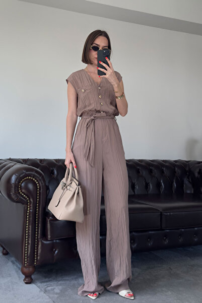 MAGARDE Salopetă cu mâneci scurte, model Safari, cu aspect încrețit - VİZON