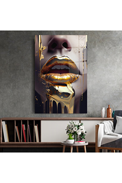 Arthub Tablou Sticla,Dormitor si Living, Black And Gold, Glamorous Gold Lips