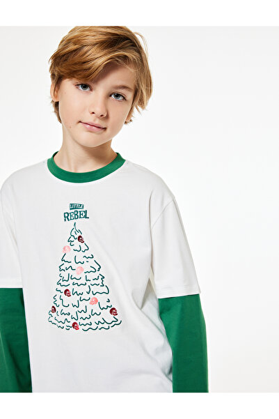 Koton Christmas Tree Printed Long Sleeve Crew Neck T-Shirt