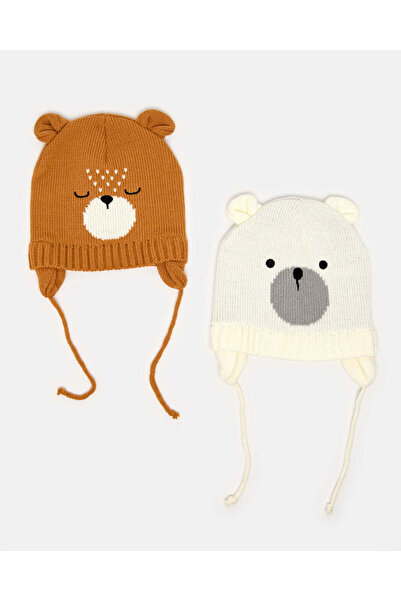 REDTAG طقم قبعات محبوكة باللون البني والعاجي للأولاد (قطعتين)