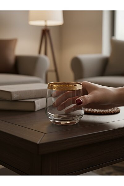 DECOSTYLE Gold Patterned Water Glass Set of 6 345 ml (Whiskey Glass)